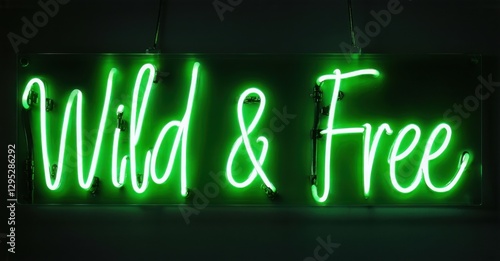 Neon sign wild free forest silhouette glowing green trees vibrant natural energy bright colorful realistic photo