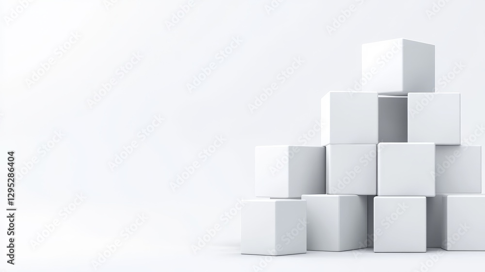 A minimalist arrangement of white cubes stacked in a creative formation on a clean background A minimalist arrangement of white cubes stacked in a creative formation on a clean background