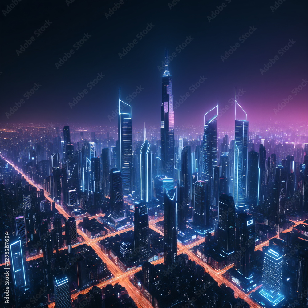 Fototapeta premium Futuristic Cyberpunk Cityscape with Neon Skyline, Glowing Skyscrapers, High-Tech Urban Environment, Sci-Fi Metropolis, Night Lights, Ultra-High Resolution Artwork