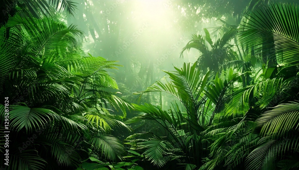 Obraz premium Verdant Jungle Mist – A rich blend of emerald greens and tropical colors, veiled in soft, dreamy haze.