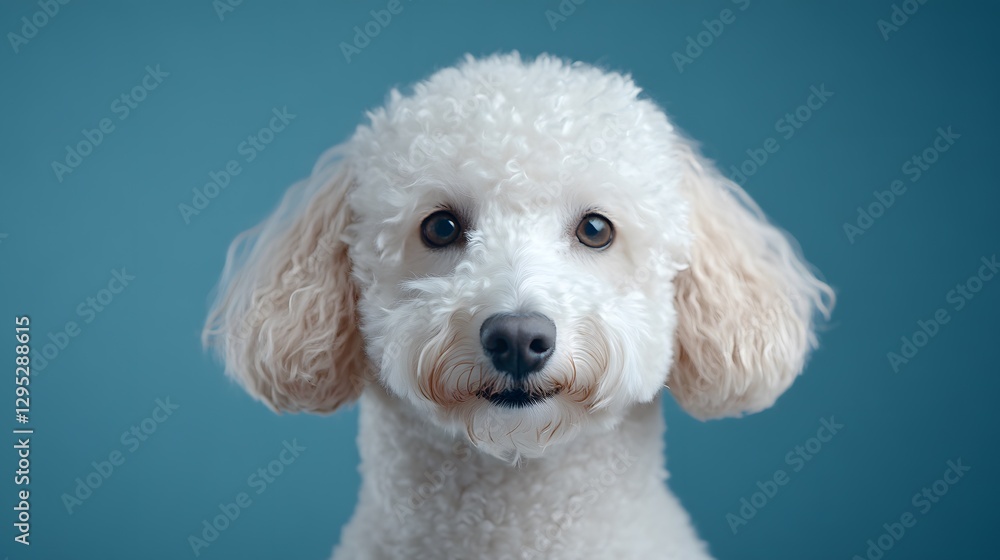 A fluffy white dog staring directly at the camera on blue A fluffy white dog staring directly at the camera on blue