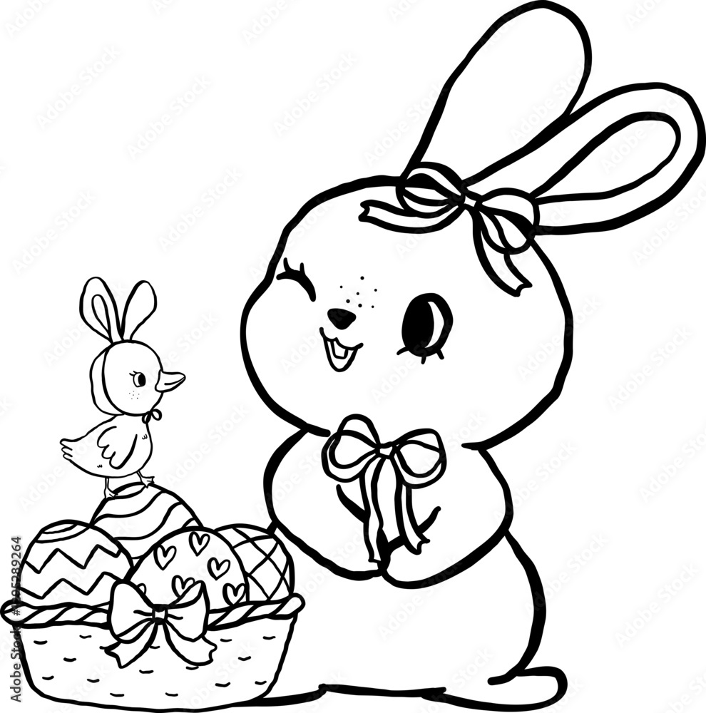 Cute White Bunny and Chick with Basket Easter Eggs Cartoon Outline Coloring Image Cute White Bunny and Chick with Basket Easter Eggs Cartoon Outline Coloring Image