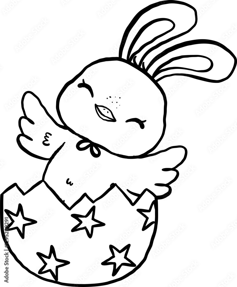 Naklejka premium Groovy Easter Chicken Bunny Ears in Egg Cartoon Outline Coloring Image