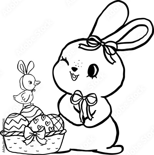 Cute White Bunny and Chick with Basket Easter Eggs Cartoon Outline Coloring Image