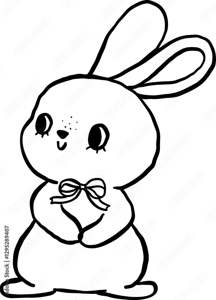 Cute White Bunny with Bow Cartoon Outline Coloring Image Cute White Bunny with Bow Cartoon Outline Coloring Image
