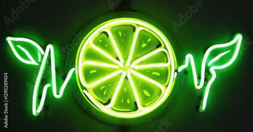 Neon sign fresh green lime slice glowing mint leaves electric waves radiating center bright colorful realistic photo