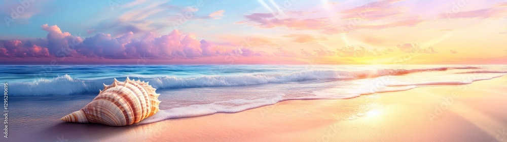 Serene beach scene at sunset with a seashell on the shore. Serene beach scene at sunset with a seashell on the shore.