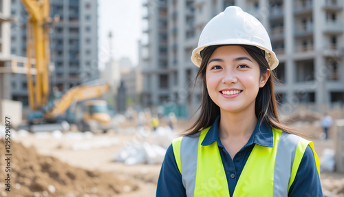A happy Asian civil engineer wearing a safety uniform and hard hat, smiling as she stands on a residential building construction site.