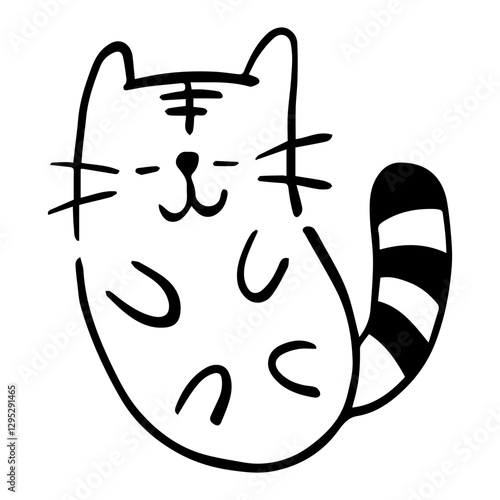 Cute Cat's Whimsical Pose: This image features a whimsical and adorable illustration of a contented cat resting, showcasing minimalist artistry in black and white.