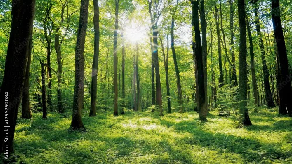 Sunlit forest scene captured from a low-angle, showcasing tall trees and lush greenery, ideal for a tranquil nature video backdrop. Sunlit forest scene captured from a low-angle, showcasing tall trees and lush greenery, ideal for a tranquil nature video backdrop.