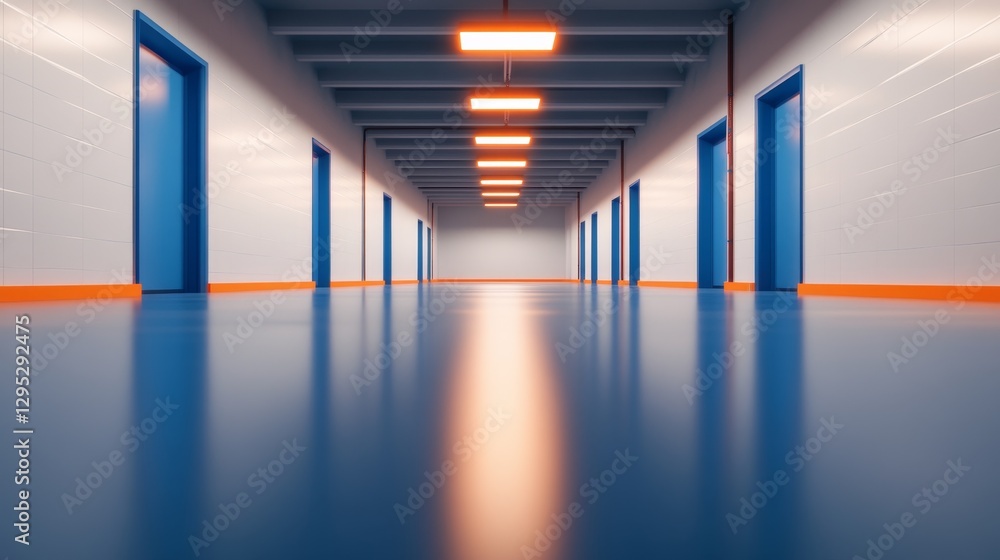 Fototapeta premium A vibrant corridor with blue doors and bright lighting, creating an inviting atmosphere