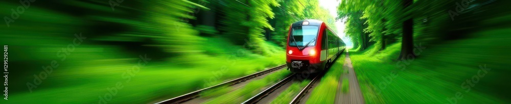 Naklejka premium High-speed train zipping through a serene green tunnel, urban mobility, eco-friendly transportation, sleek train