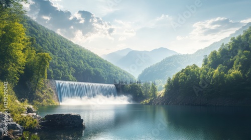 Scenic Landscape of a Serene Waterfall Cascading into a Calm Lake Surrounded by Lush Green Mountains and Soft Clouds