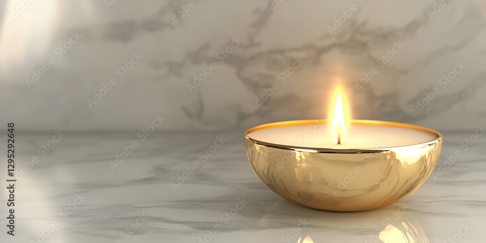 A delicate candle with a gold holder resting on a white marble surface its flame glowing brightly A delicate candle with a gold holder resting on a white marble surface its flame glowing brightly