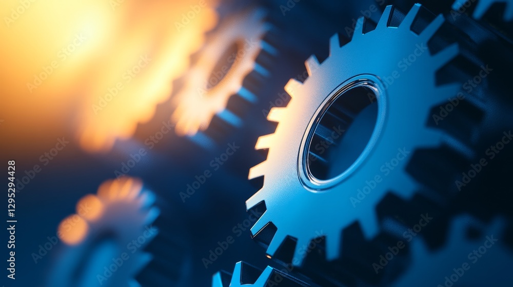 Close-up view of interlocking metallic gears in motion with a warm glow in the background Close-up view of interlocking metallic gears in motion with a warm glow in the background