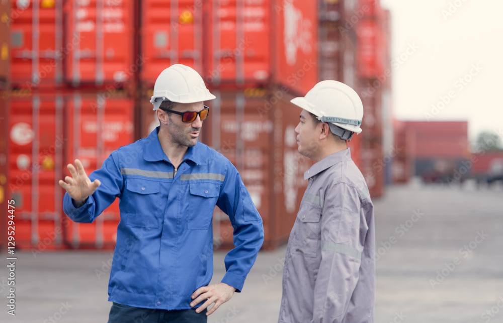 Engineers and technicians supervise and inspect the delivery of containers at container manufacturing and storage site Engineers and technicians supervise and inspect the delivery of containers at container manufacturing and storage site