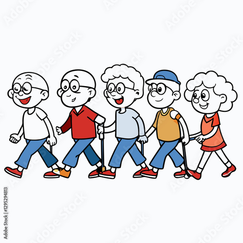 Cartoon elderly people walking outdoors, active lifestyle, senior health illustration, community fitness