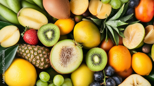 Tropical fruit medley: A vibrant and appetizing assortment of fresh, colorful tropical fruits, including kiwi, mango, pineapple, melon, grapes, and others.