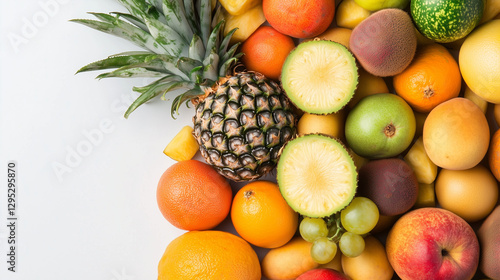 A Rainbow of Flavors: A vibrant assortment of tropical fruits, arranged in a visually appealing display, showcasing the diverse colors and textures of nature's bounty. 
