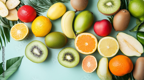 Fresh Fruits Composition: A vibrant assortment of fresh fruits arranged artfully, bursting with colors and textures, evoking a sense of health, vitality, and natural goodness.