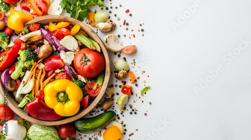 Vibrant Vegetable Medley: A diverse assortment of fresh, colorful vegetables artfully arranged in a wooden bowl and scattered around a vibrant composition.