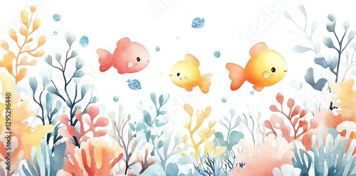 Cute Watercolor Fish Swimming in Coral Reef
