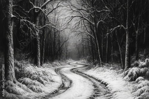 Snowy winter forest path winding through dark trees photo