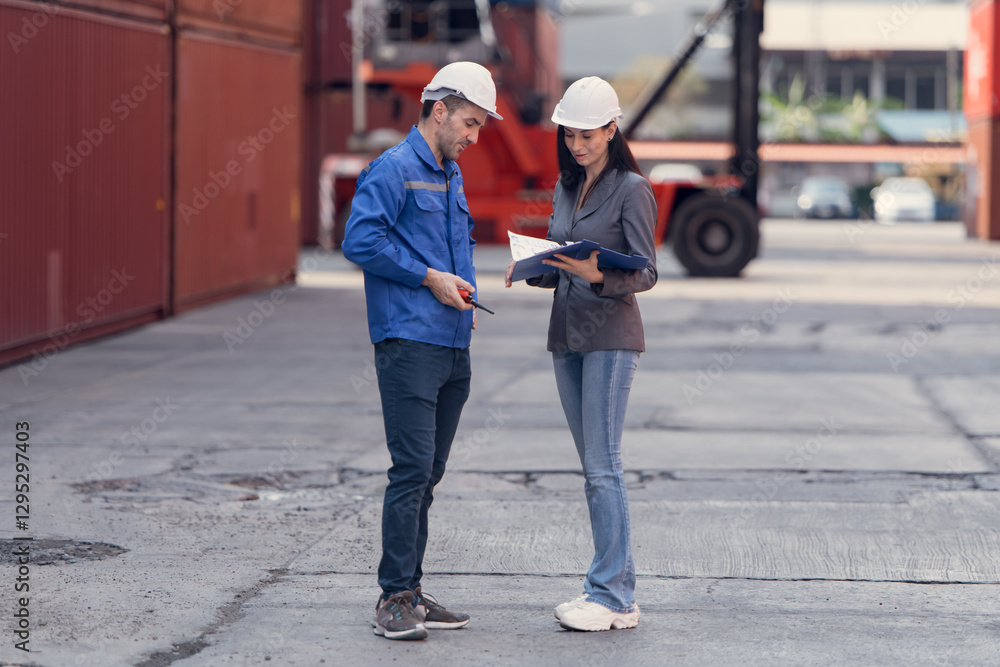 Container manufacturing manager and businesswomen survey the area to plan the storage and moving of goods in and out of the container storage area Container manufacturing manager and businesswomen survey the area to plan the storage and moving of goods in and out of the container storage area