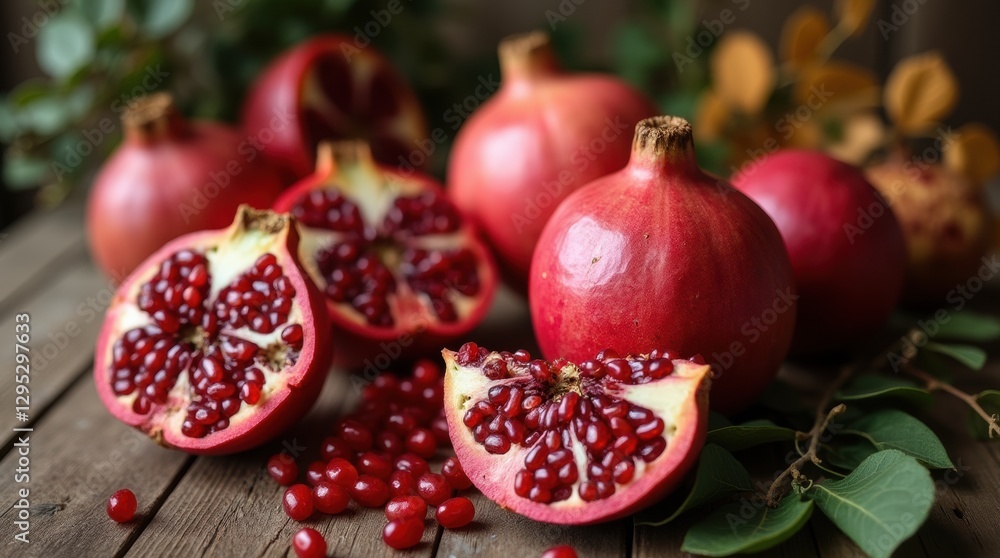 Rustic scene of a pomegranate and its slices on wood, ideal for autumn food or cozy kitchen decor.