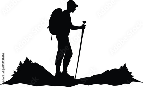 Hiking people silhouette vector, Mountain trekking person silhouette. vector illustration