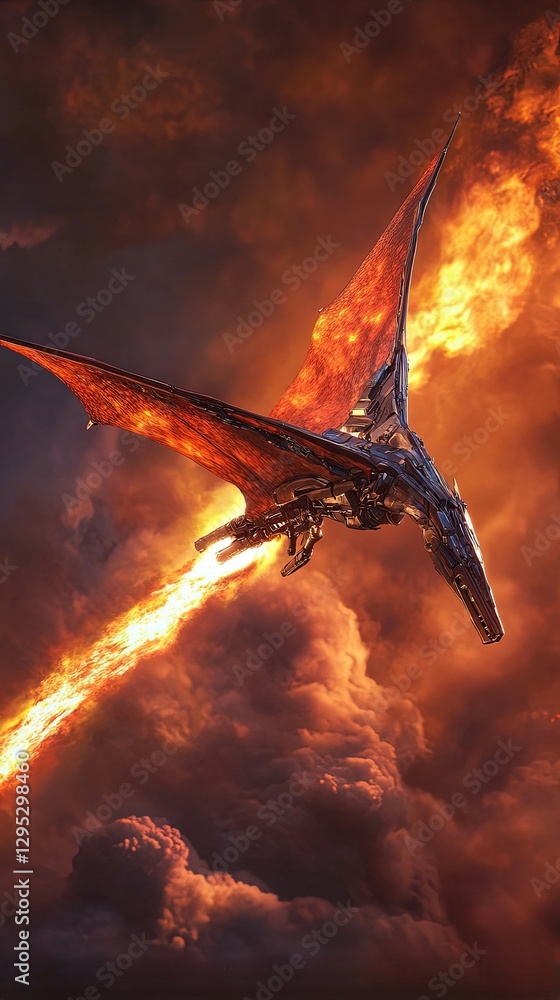 Fototapeta premium Robo-Rodan, a metallic pterosaur with jet engines for wings, cutting through the sky with a trail of fire, as its titanium talons prepare to strike.