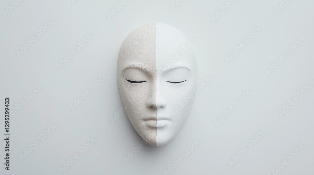 The Divided Self: A studio shot of a porcelain mask, split dramatically into light and shadow, evoking themes of duality, introspection, and the interplay between inner and outer realities. The Divided Self: A studio shot of a porcelain mask, split dramatically into light and shadow, evoking themes of duality, introspection, and the interplay between inner and outer realities.