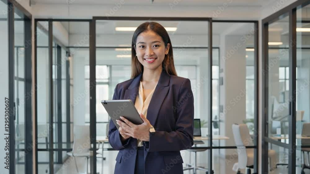 The Confident Professional: A poised woman in business attire, holding a digital tablet, radiates competence and success within a modern office environment. The Confident Professional: A poised woman in business attire, holding a digital tablet, radiates competence and success within a modern office environment.