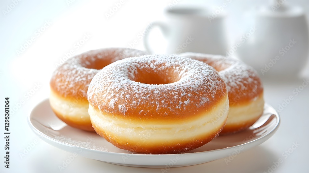 Three powdered sugar doughnuts on a white plate on white surface Three powdered sugar doughnuts on a white plate on white surface