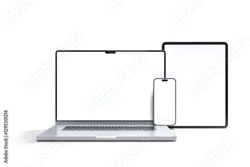 3D Realistic laptop, tablet and smartphone digital device mockup with blank screen isolated on background. Mockup technology empty display template for ui, ux, app, ads and website presentation