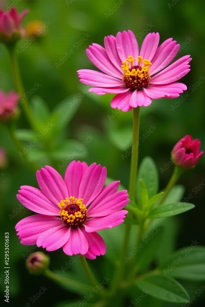 Obraz premium Close-up of vibrant pink and yellow flowers in full bloom against green foliage backdrop, nature, colorful, beautiful