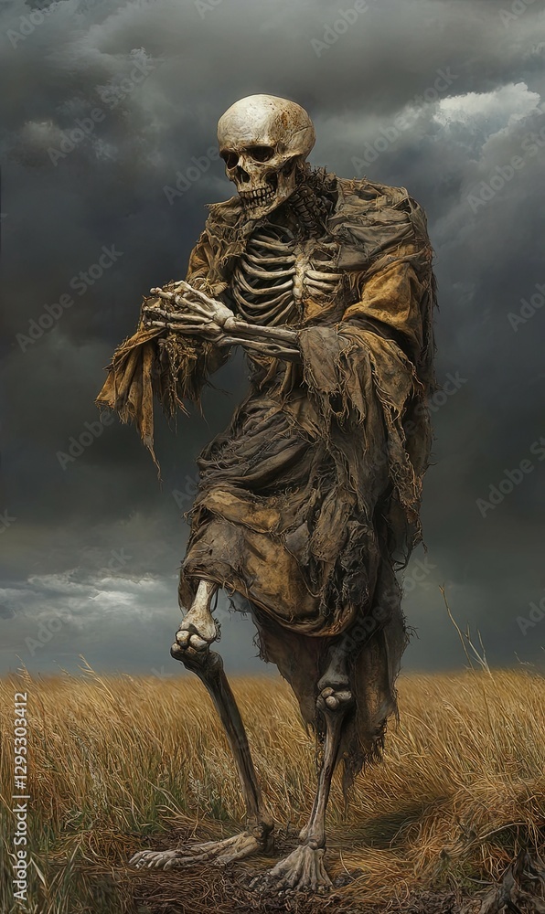Fototapeta premium A gaunt, skeletal Fear Gorta, dressed in rags, roams the barren fields under a stormy sky, begging for food. 