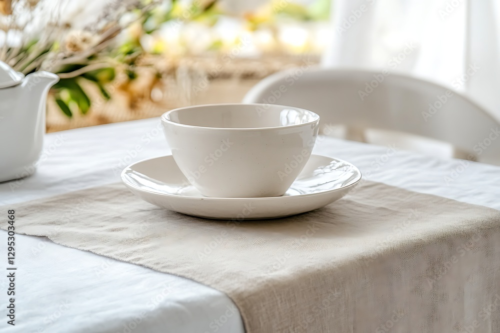 Elegant White Porcelain Tea Cup and Saucer on a Linen Table Elegant White Porcelain Tea Cup and Saucer on a Linen Table