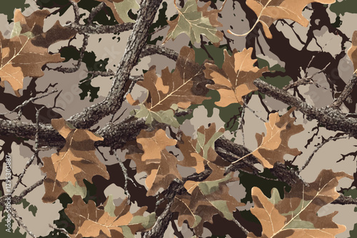 Camouflage seamless pattern. Forest real tree camouflage design. Hunting camouflage. Oak tree texture. Tree bark pattern design. Hunting background. 