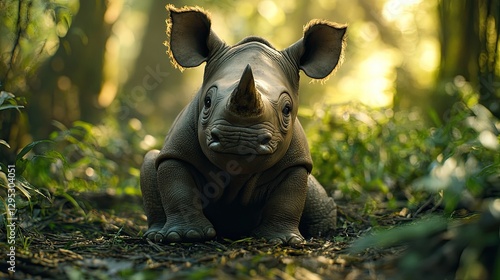 Baby rhinoceros sitting alone in the forest 