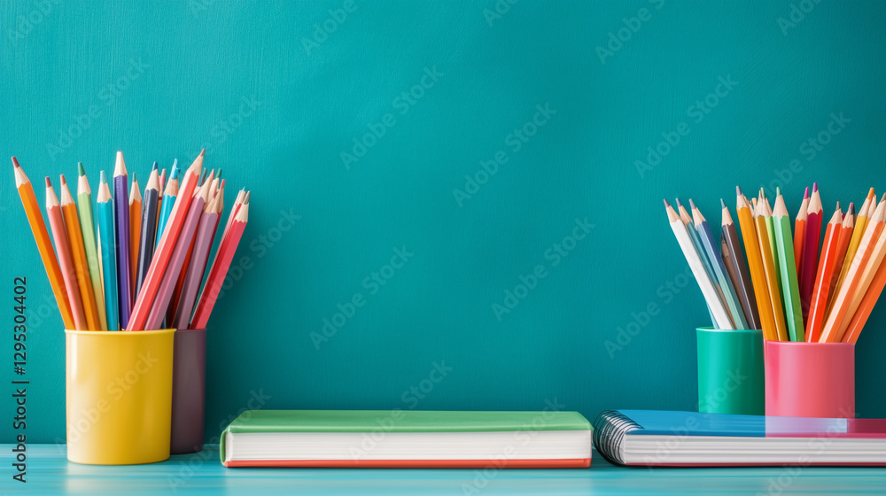 Fototapeta premium Colorful Pencils and Books: a vivid array of colored pencils arranged in vibrant containers, and books with blank covers against a teal background, offering a visual feast for the eyes.