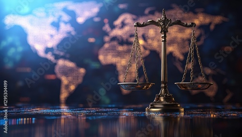 Symbol of Justice: A Close-Up of a Gold Plated Balance Scale Representing Fairness and Law Against a Global Map Background, Ideal for Legal Discussions and Representation