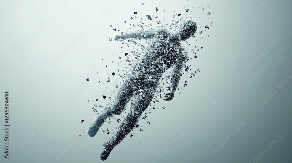 Obraz premium Ephemeral Form: Abstract representation of a human figure dissolving into particles against a soft backdrop, representing concepts of transformation and transience.