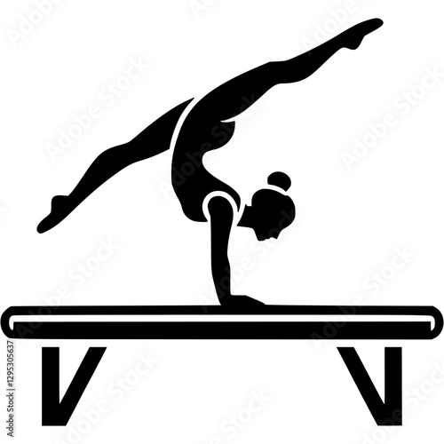 Sport emblem of girl gymnast does split in handstand on balance beam in monochrome. Engraving minimalistic vector in black ink drawing on transparent background