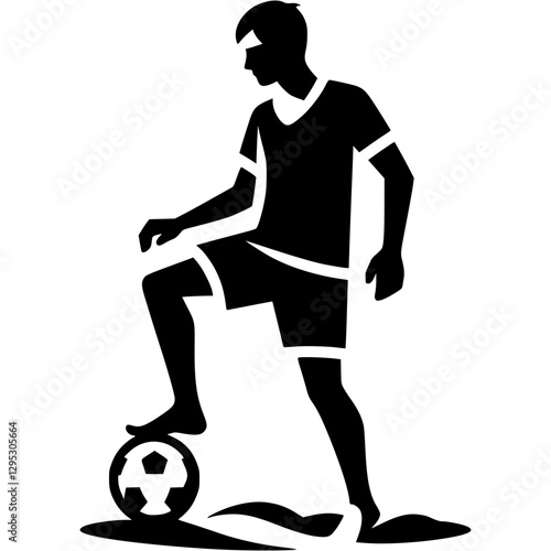 Tattoo emblem of beach soccer player stopped waiting for a free player to pass in monochrome. Engraving minimalistic vector in black ink drawing on transparent background