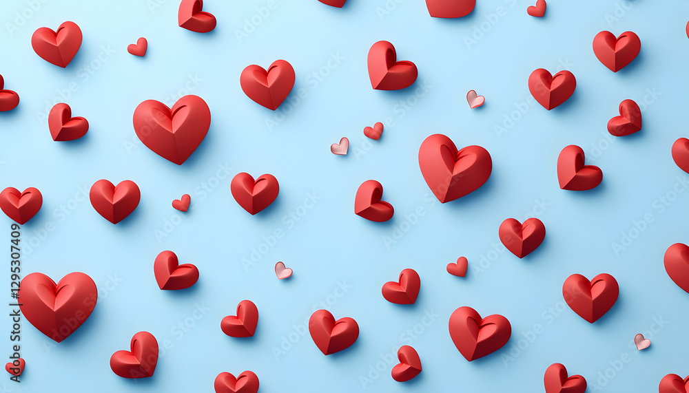 A Gentle Cascade of Love, Red Hearts Floating on a Serene Blue Canvas, Perfect for Valentine's Day and Romantic Occasions, Featuring a Smooth and Appealing Aesthetic