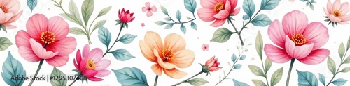 Delicate watercolor flowers in soft pastel colors repeating seamlessly, nature, feminine, botanical
