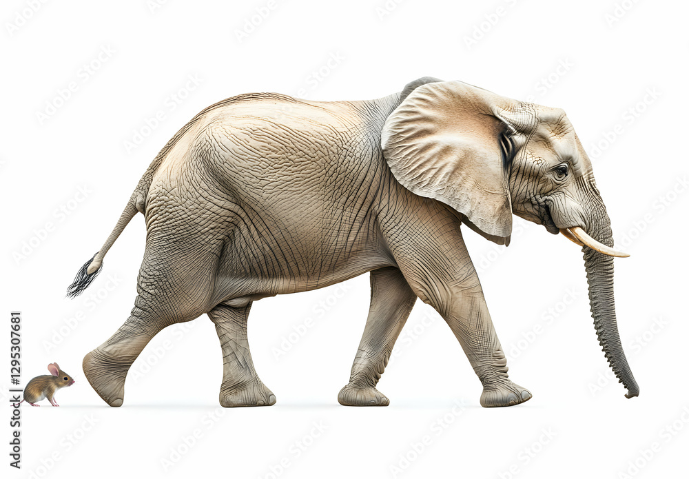 Fototapeta premium A Humorous Depiction of Scale, An African Elephant and Tiny Mouse Walking Together on a Seamless White Backdrop, Representing Power, Size Difference, and Friendship