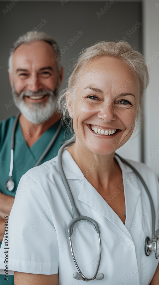 Friendly healthcare professionals smiling in warm hospital environment, showcasing community driven atmosphere. Their approachable demeanor fosters trust and comfort