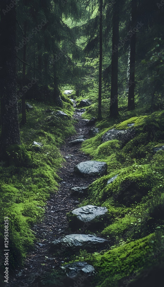 Mossy path with rocks cuts through a dark green forest Mossy path with rocks cuts through a dark green forest